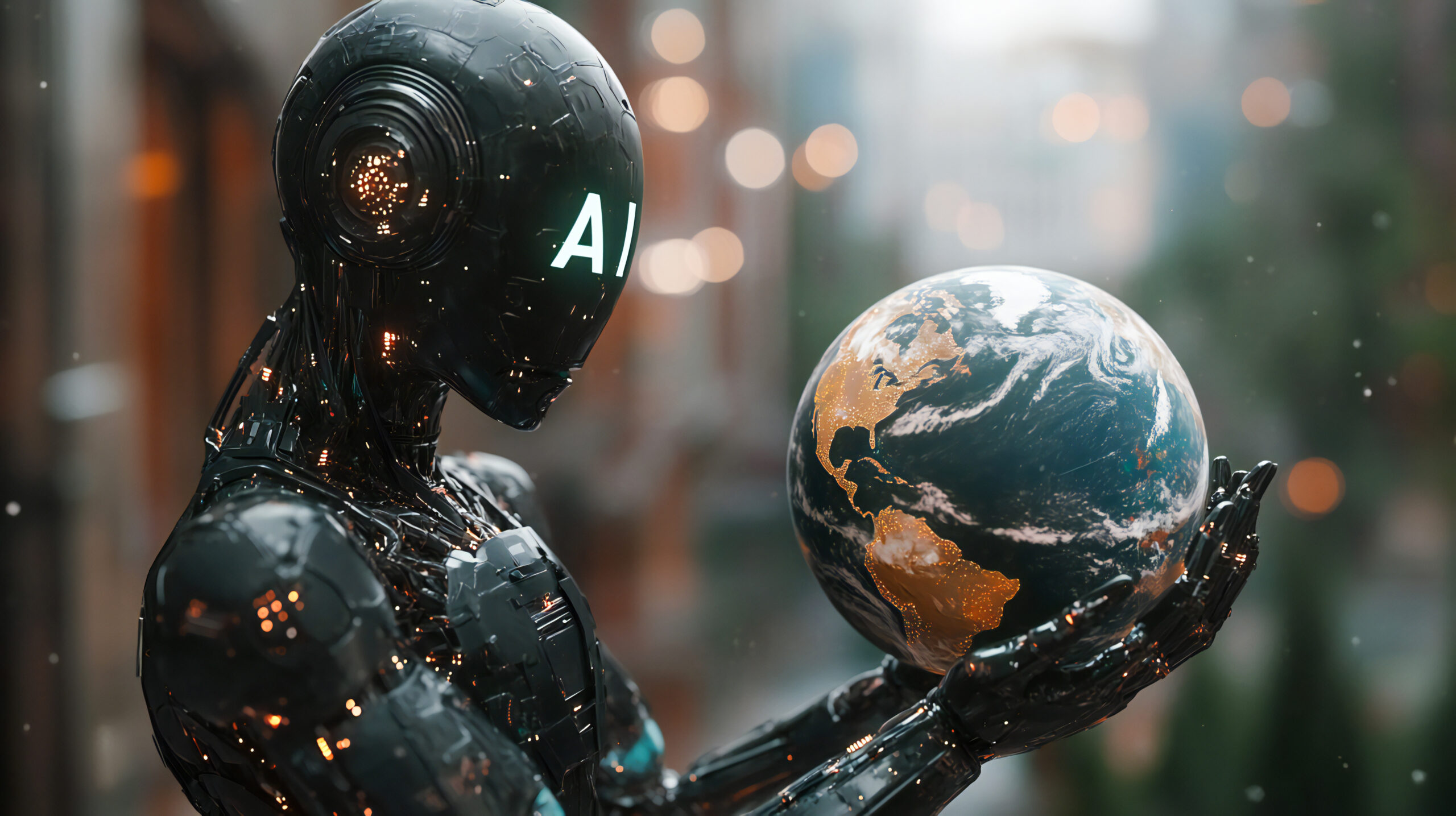 A black robot with artificial intelligence, the letters AI on its head, holding the planet earth in its hands, taking control over the world