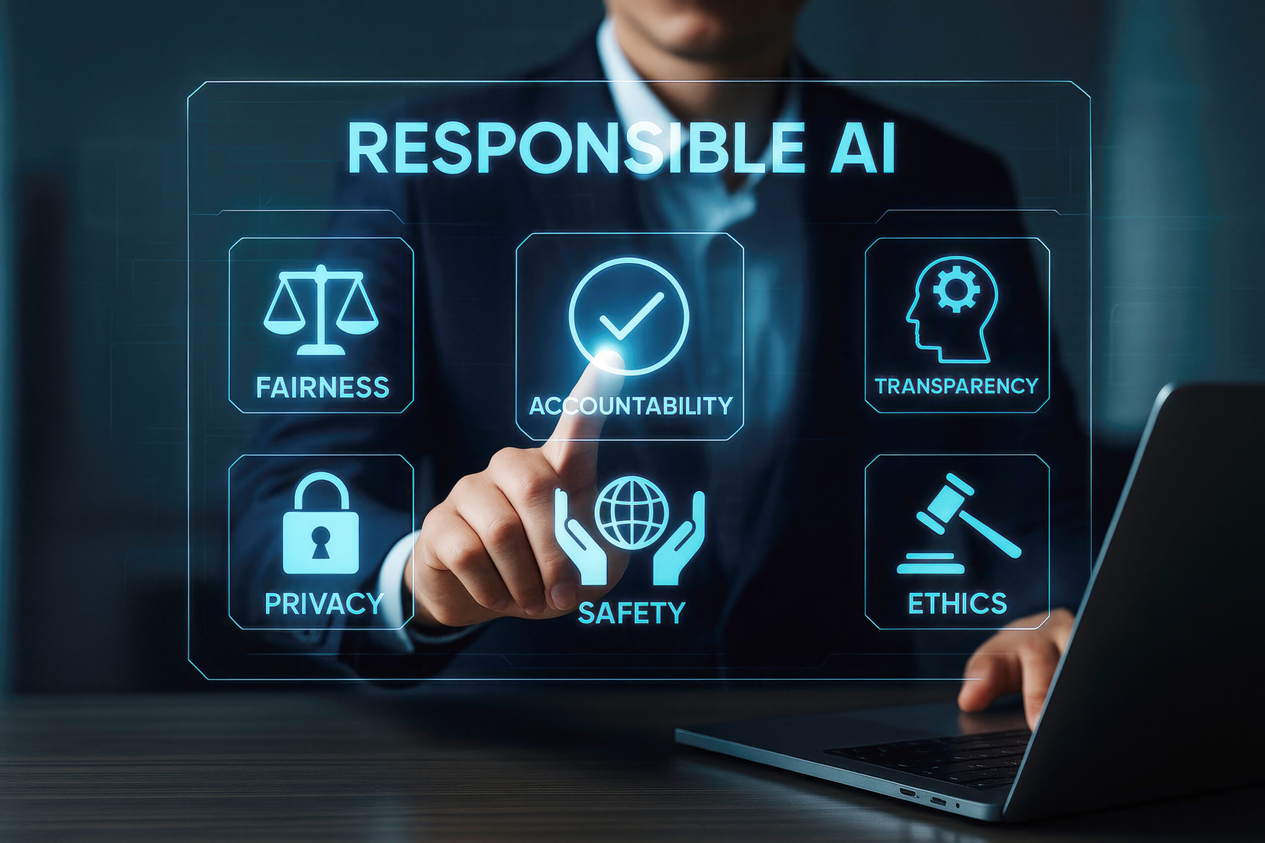 Picture showing the Principles of Responsible Artificial Intelligence Through Key Concepts Such as Fairness, Accountability, and Ethics in a Modern Workspace