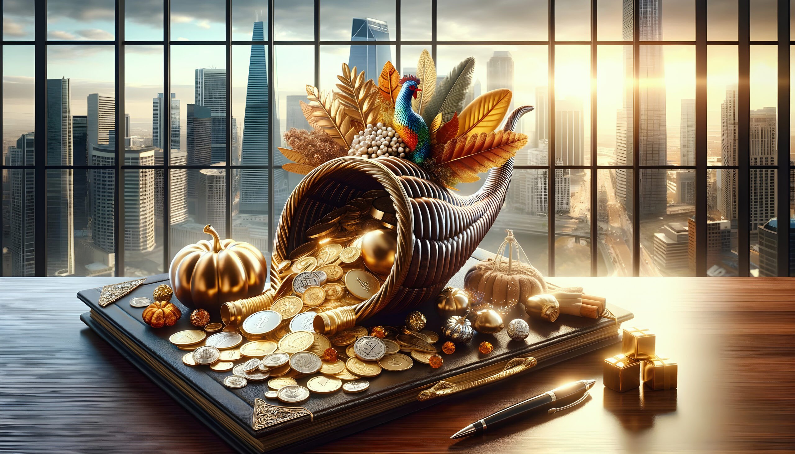 A Cornucopia of Wealth and Prosperity sitting on a desk spilling money.