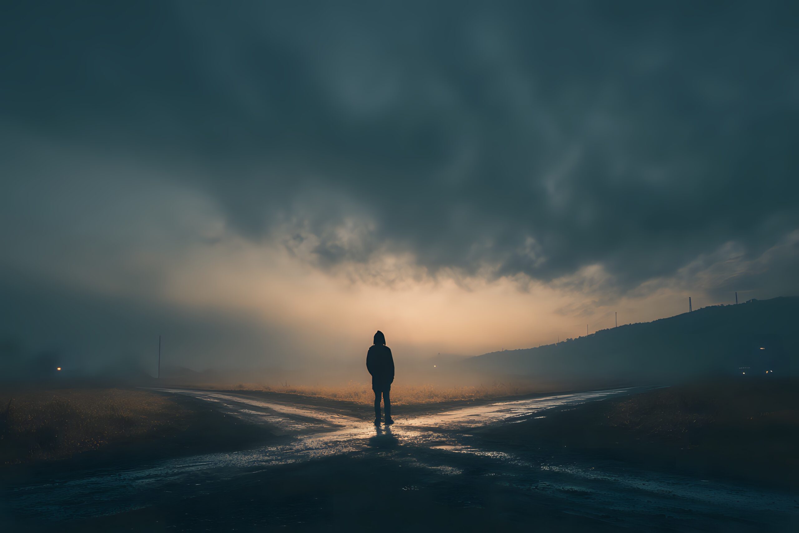 Person standing at a crossroads on a cloudy night