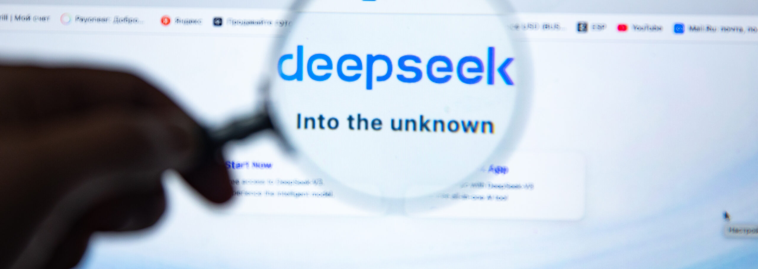 man holding a magnifying glass on deepseek web page