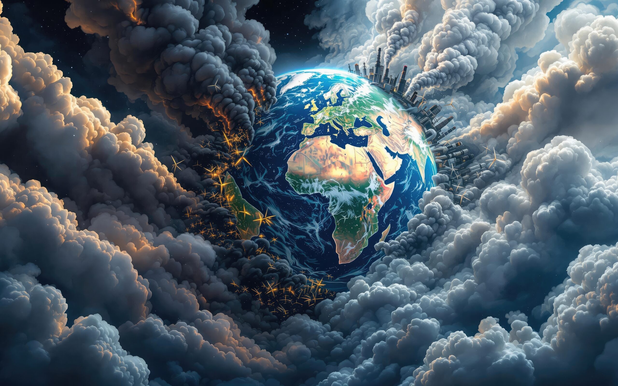 Earth with Cityscape in Smoke, Pollution, Climate Change, Global Warming