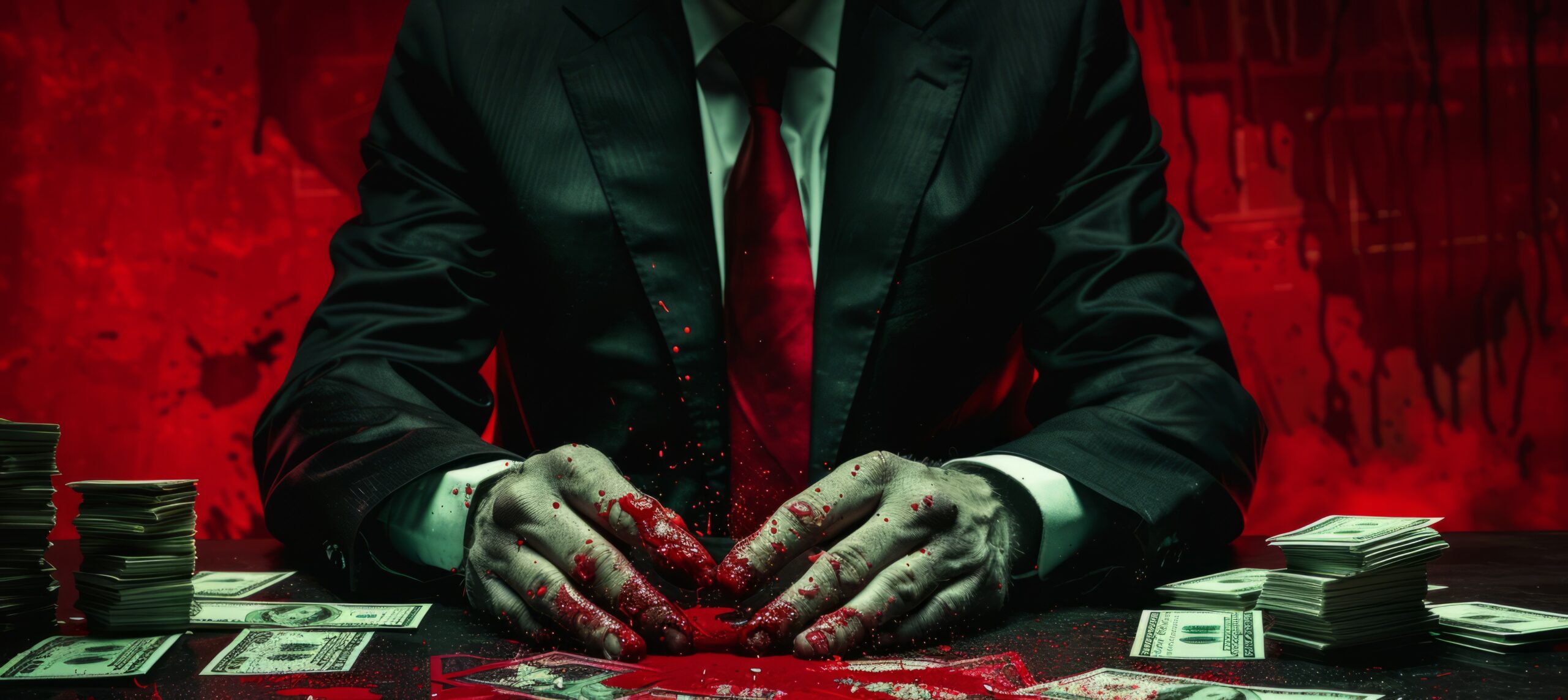 Politician with bloody hands sitting at a table surrounded by money.